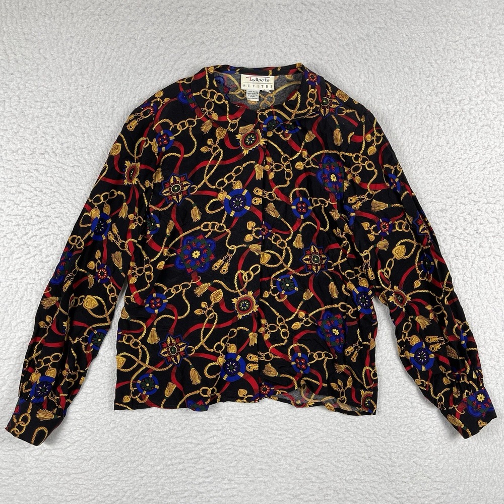 Talbots Shirt Womens 6P Black Gold Red Blouse Vintage USA Chains Career Office‎